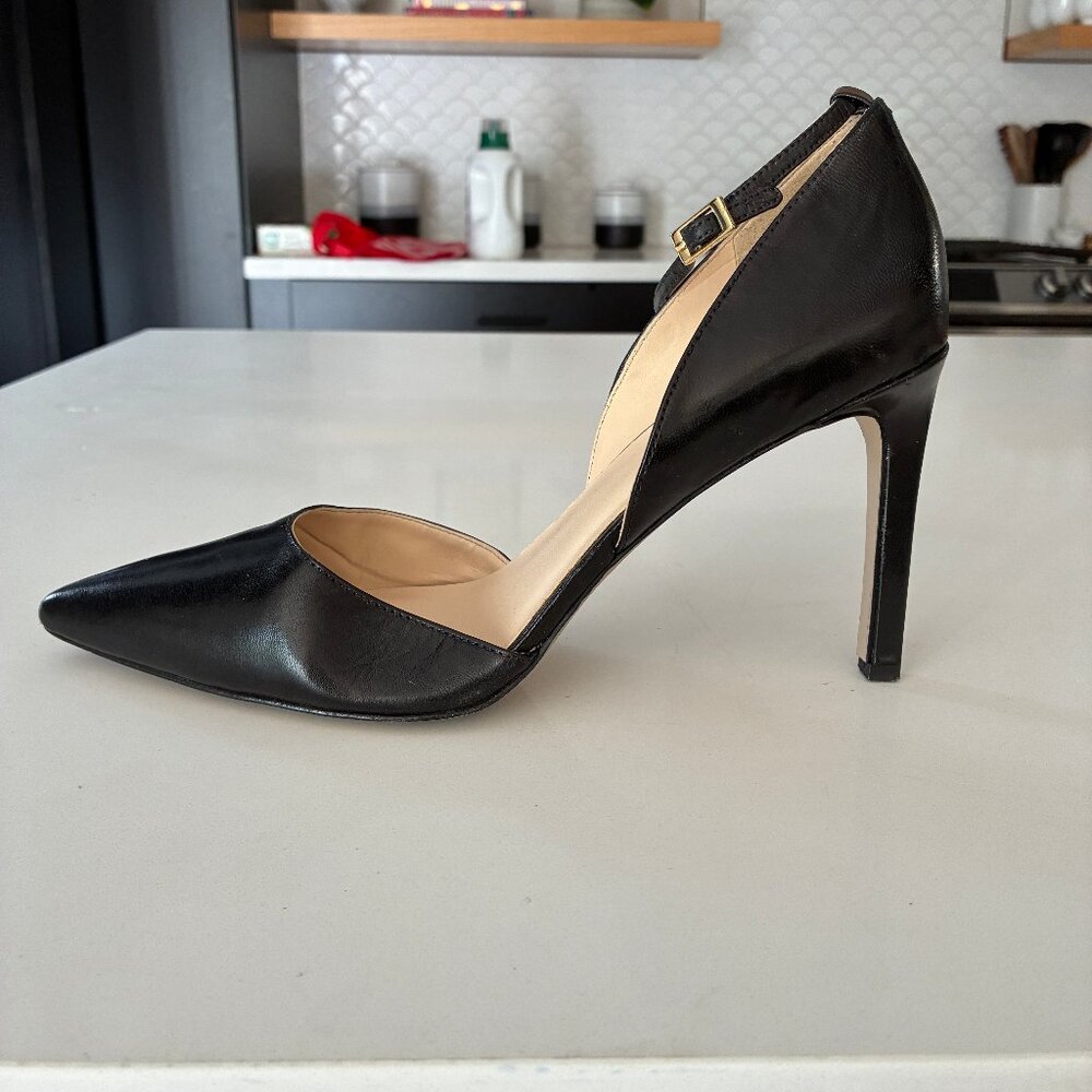 Nine West black leather ankle strap buckle pointy toe pumps